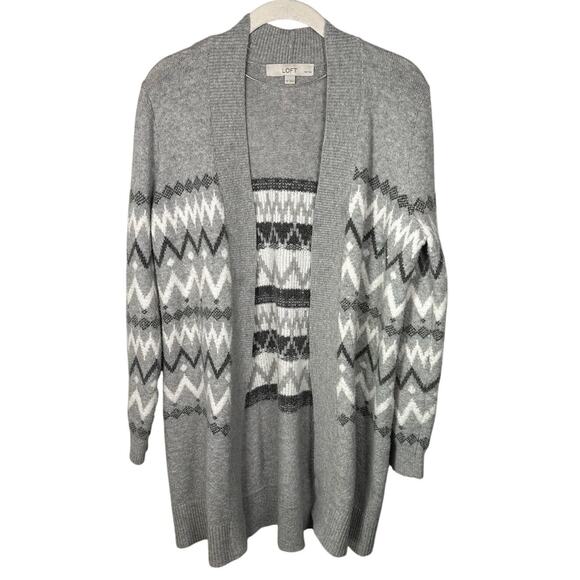 Loft Gray & White Striped Oversized Fair Isle Open Cardigan Sweater Women's MP - Picture 2 of 5